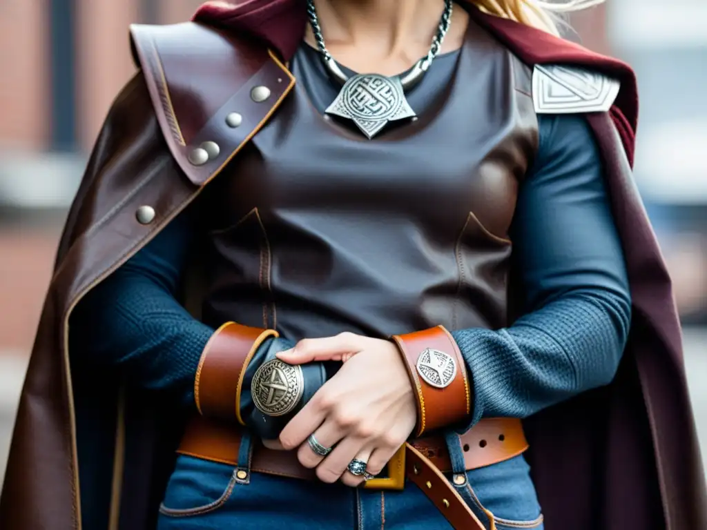 Outfit urbano vikingo: estilo callejero con influencias nórdicas Accesorios vikingos para look diario: Estilo urbano moderno fusionando elementos antiguos con la moda contemporánea en la ciudad