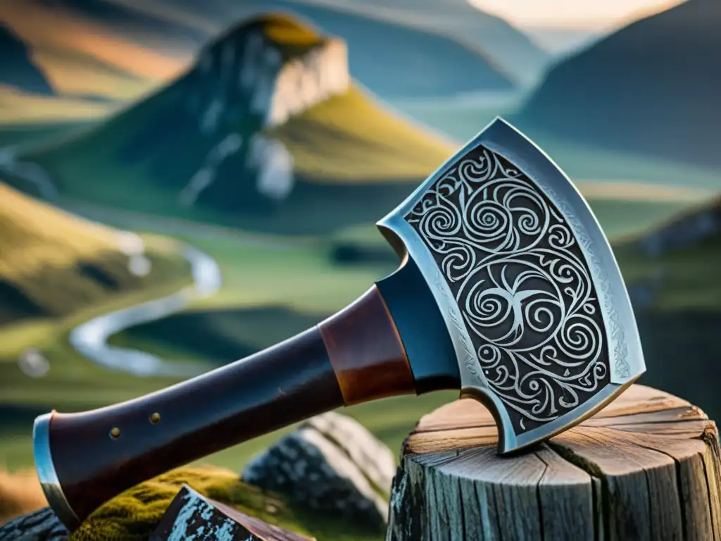 Accesorios vikingos para un look sofisticado: Una hacha vikinga tallada con símbolos rúnicos, reposa en un paisaje nórdico