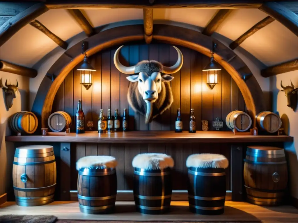 Acogedor bar casero estilo vikingo con cerveza casera estilo vikingo y decoración nórdica detallada