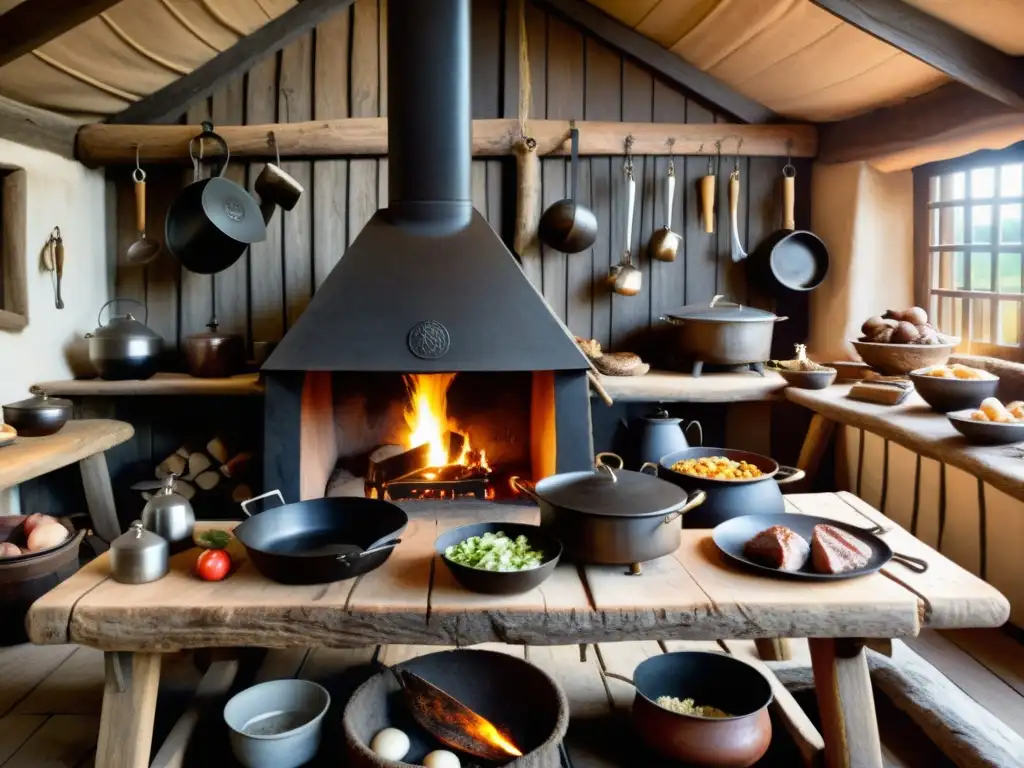 Un acogedor y detallado escenario de una cocina vikinga tradicional con utensilios y comida