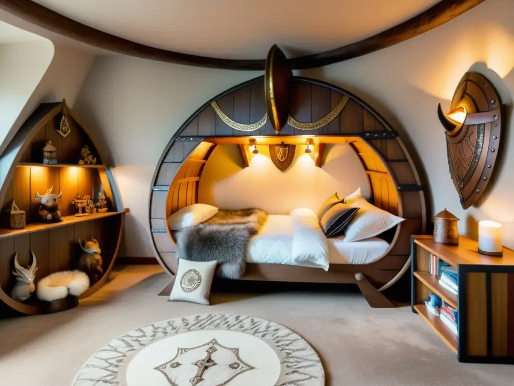 Acogedor dormitorio infantil con decoración vikinga, cama en forma de barco, escudos, espadas y pelajes, bañado en luz dorada