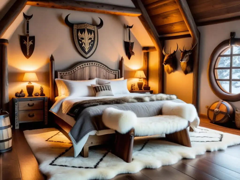 Acogedor dormitorio temático vikingo con detalles nórdicos, muebles de madera y decoración inspirada en Vikingos