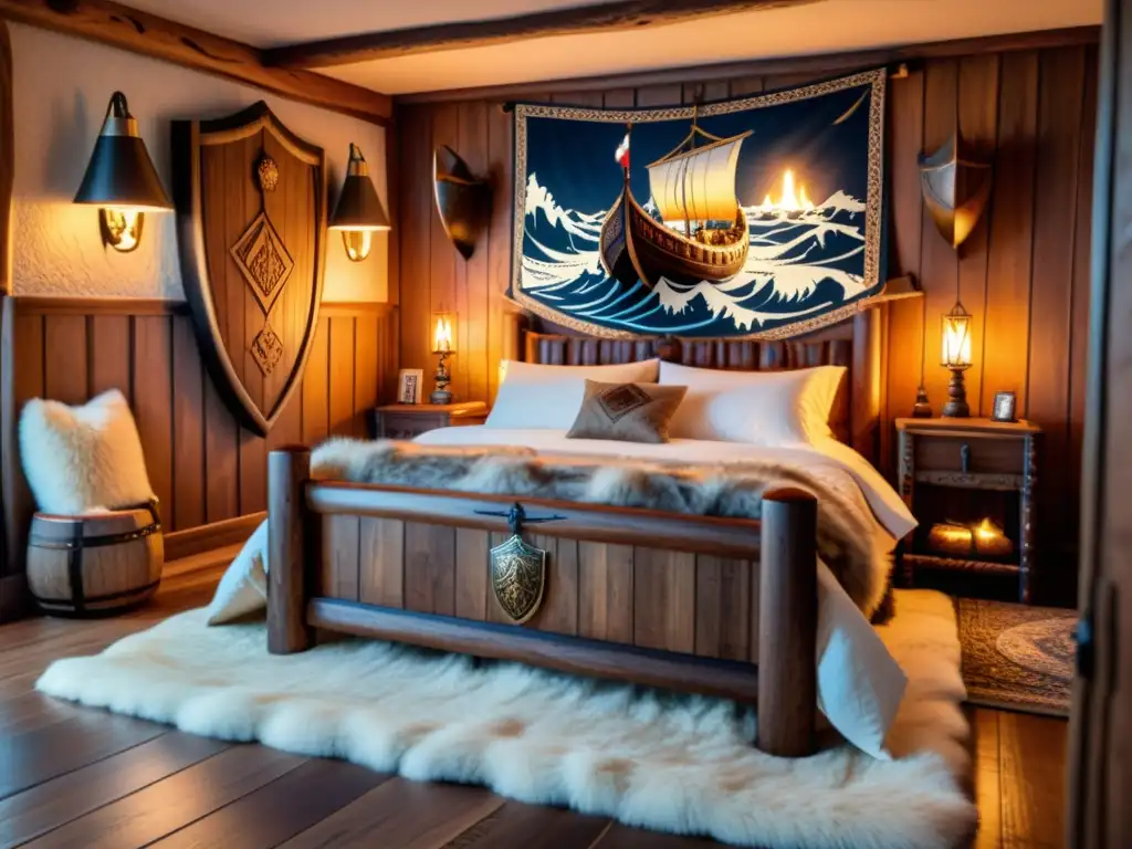 Acogedor dormitorio temático vikingo con detalles elaborados y cálido ambiente aventurero