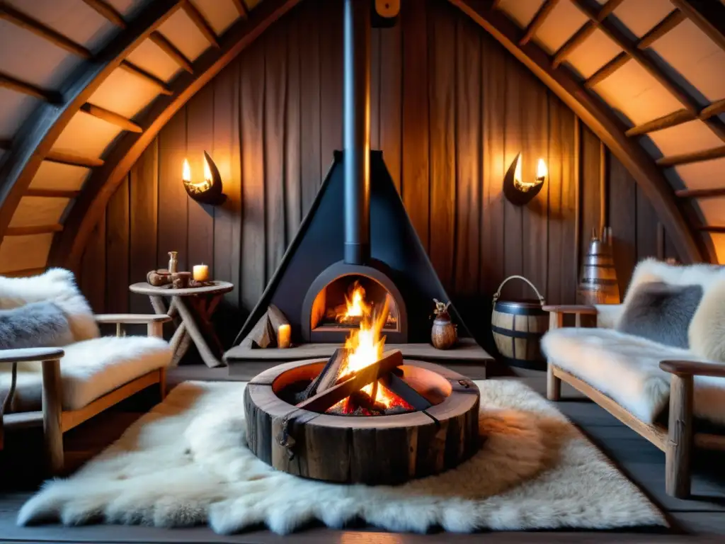 Interior de casa vikinga: acogedor ambiente con decoración tradicional en 8k Acogedor interior de casa vikinga con decoración tradicional y ambiente rústico