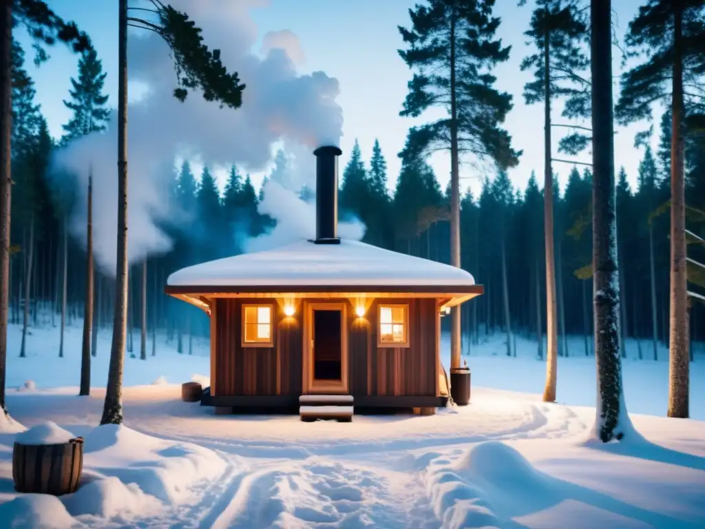 Acogedor ritual de sauna nórdica en cabaña de madera rodeada de nieve y pinos