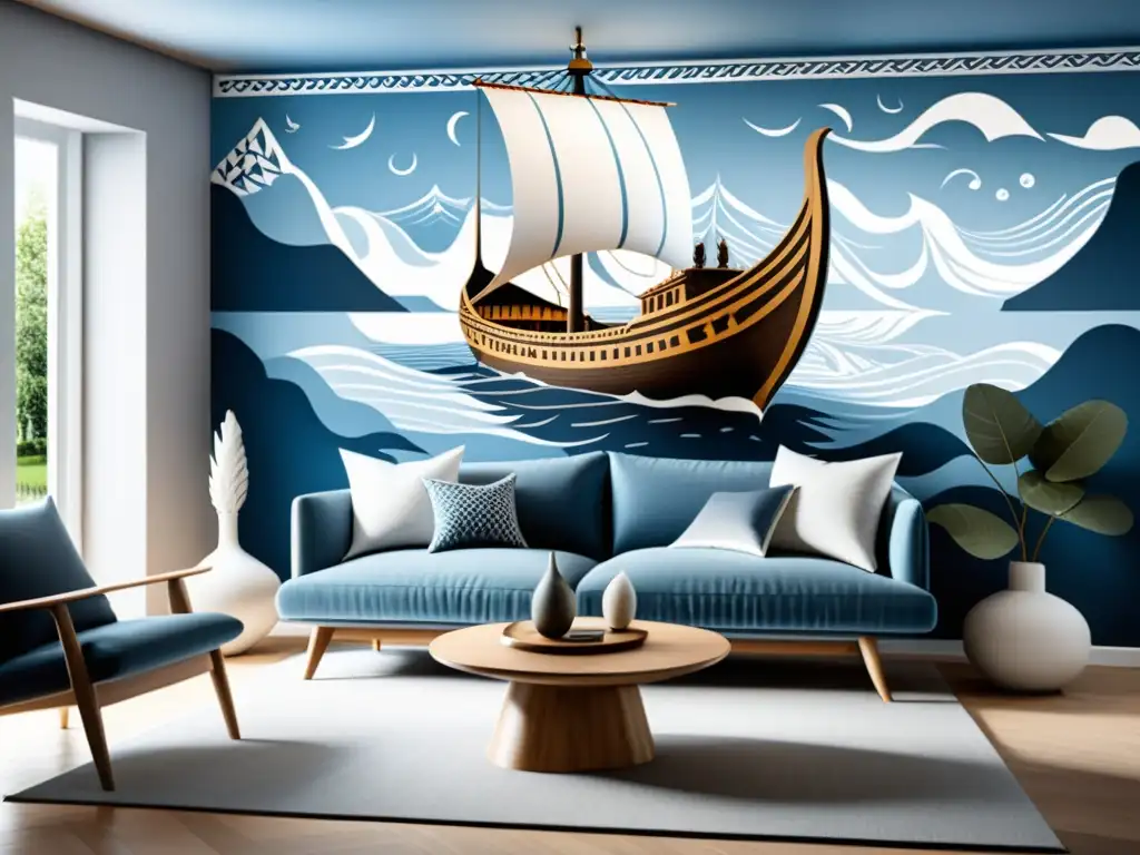 Acogedor salón con influencia vikinga en la vivienda: diseño escandinavo y detalles rústicos