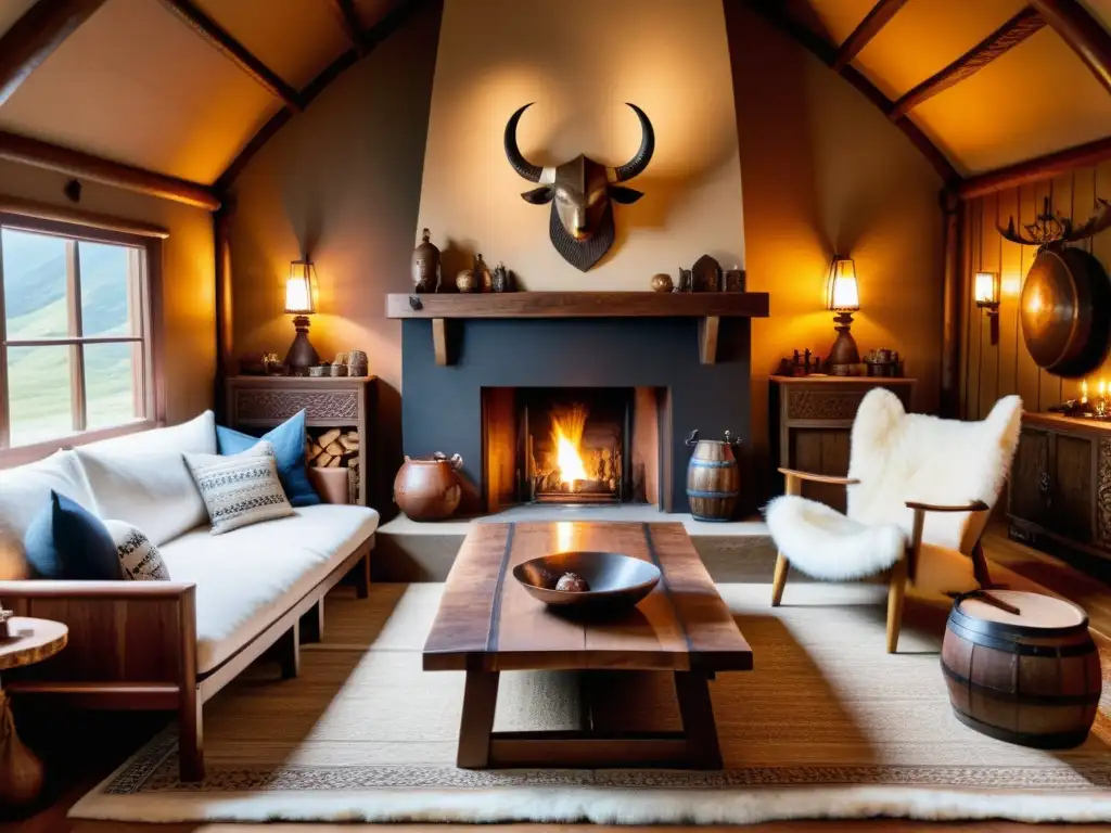 Salón acogedor inspirado en los vikingos Un acogedor salón vikingo con chimenea central, muebles de madera y decoración nórdica