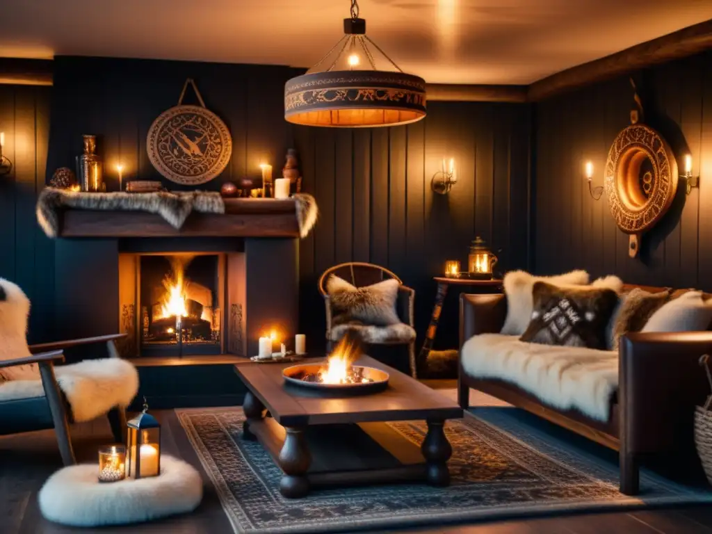 Hogar vikingo: ambiente acogedor con chimenea y decoración tradicional Un acogedor salón vikingo con hoguera, decoración tradicional, muebles de madera y detalles de la mitología nórdica