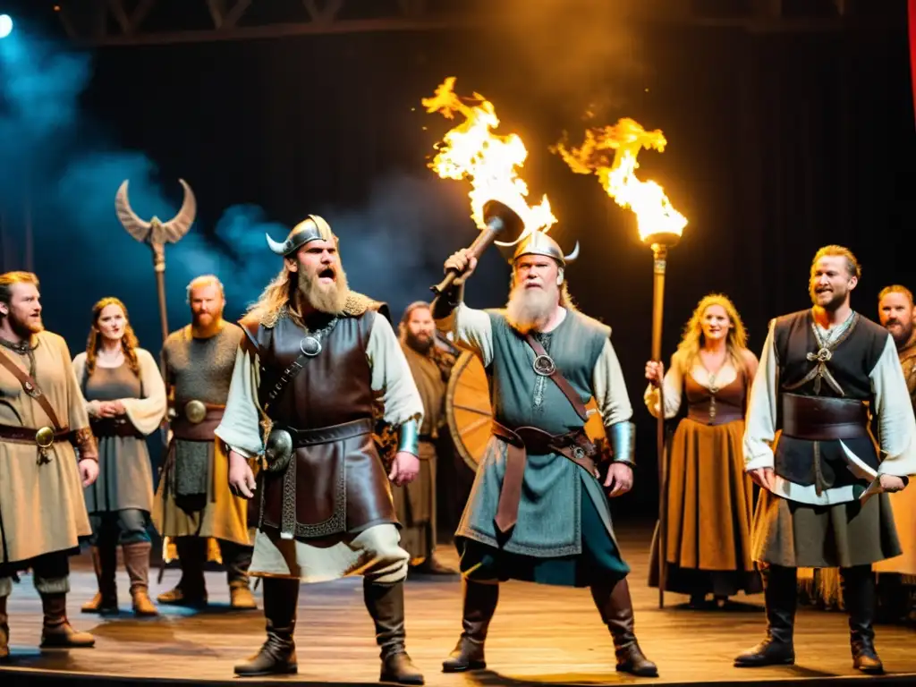 Actores en vestimenta vikinga dramatizan sagas nórdicas en escenario con evento vikingo