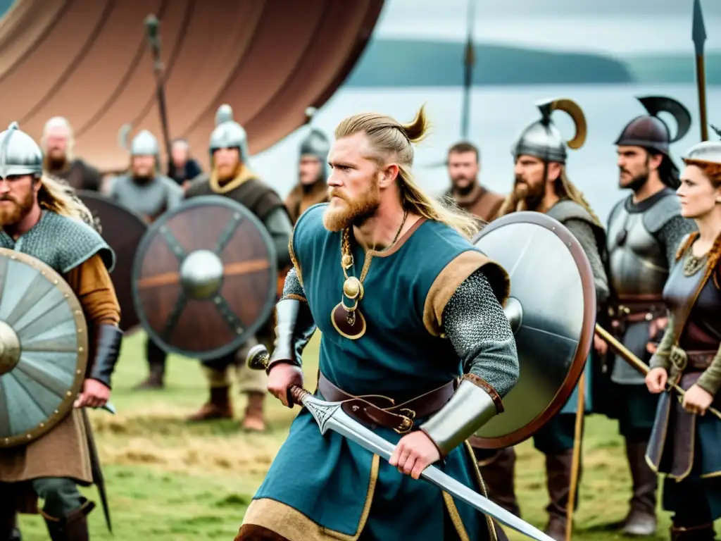 Actores vikingos inmersos en una escena de batalla en un set de película