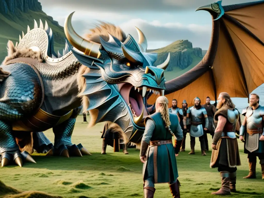 Adaptaciones cinematográficas del héroe germánico Beowulf: Escena épica de rodaje con vikingos y un dragón de proporciones colosales