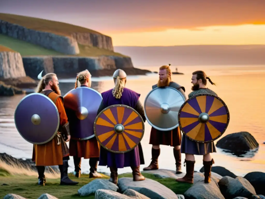 Adaptaciones culturales vikingas en tierras extranjeras: Reencenadores vikingos en ceremonia al atardecer en la costa rocosa