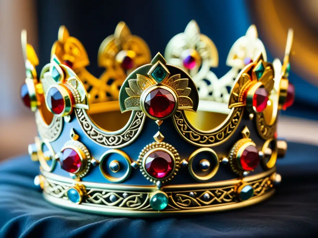 Corona vikinga de oro y gemas: símbolos de poder y riqueza Adornos vikingos de la realeza: Una corona de oro y gemas con símbolos y bestias nórdicas detalladas