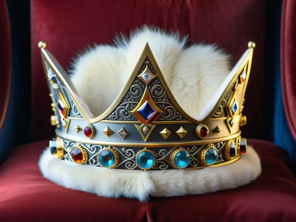 Corona Vikinga Real: Elegancia y Poder Nórdico Adornos vikingos de la realeza: Detalle de una corona real vikinga con grabados nórdicos y gemas brillantes en un cojín de terciopelo