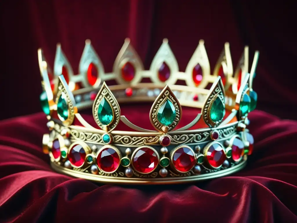 Corona vikinga de rubíes y esmeraldas: una joya épica Adornos vikingos de la realeza: Corona detallada con gemas y símbolos nórdicos, en un escenario majestuoso