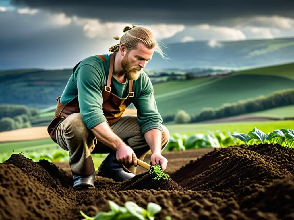 Un agricultor moderno en Europa del Norte utilizando técnicas agrícolas vikingas bendecidas, plantando semillas en suelo fértil