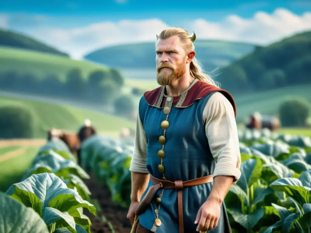 Un agricultor moderno con técnicas vikingas, viste atuendo vikingo, siembra en un campo