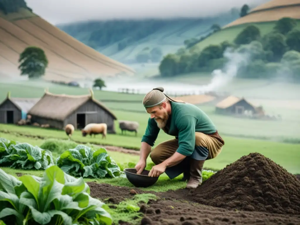 Un agricultor vikingo experto mezcla fertilizantes naturales en un campo verde, enriqueciendo la tierra