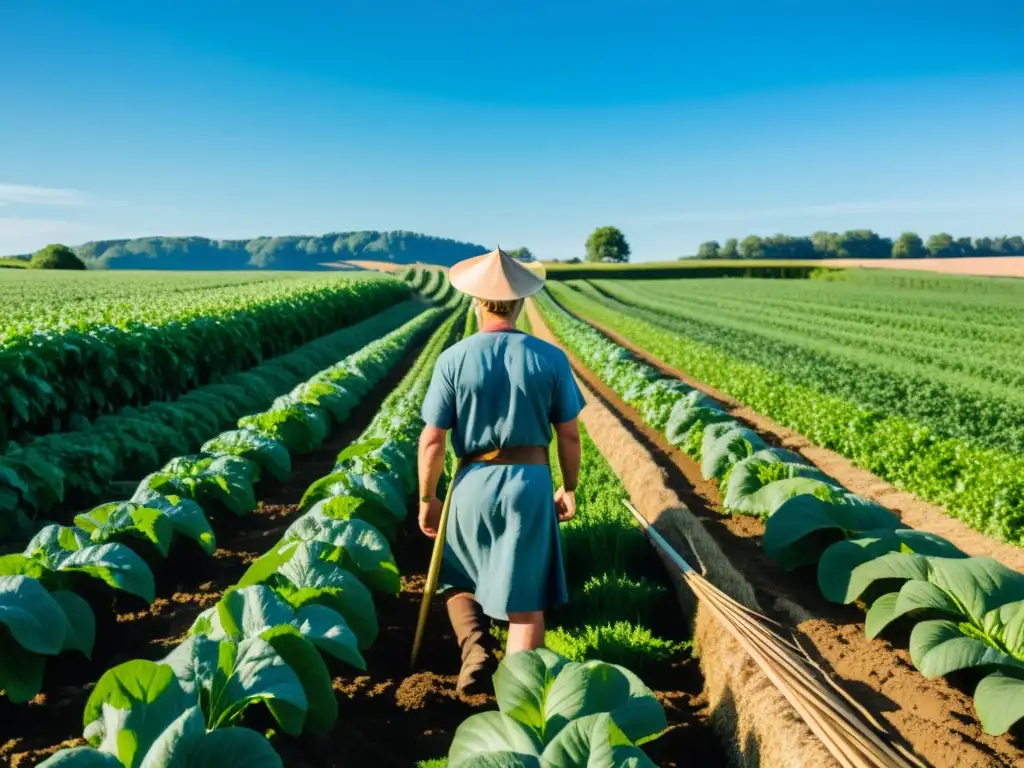 Legado vikingo en la agricultura moderna: la fusión perfecta Un agricultor vikingo moderno trabaja en un campo fértil bajo un cielo azul