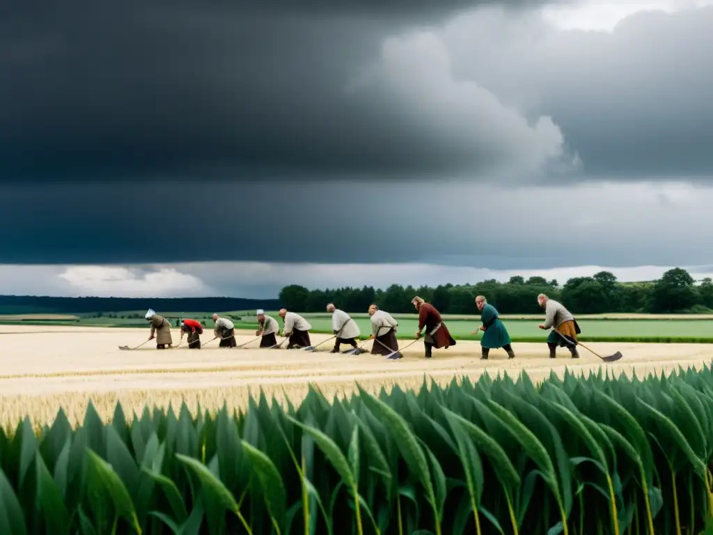 Agricultura vikinga: comunidad cosechando cebada y centeno con herramientas antiguas bajo cielo nórdico