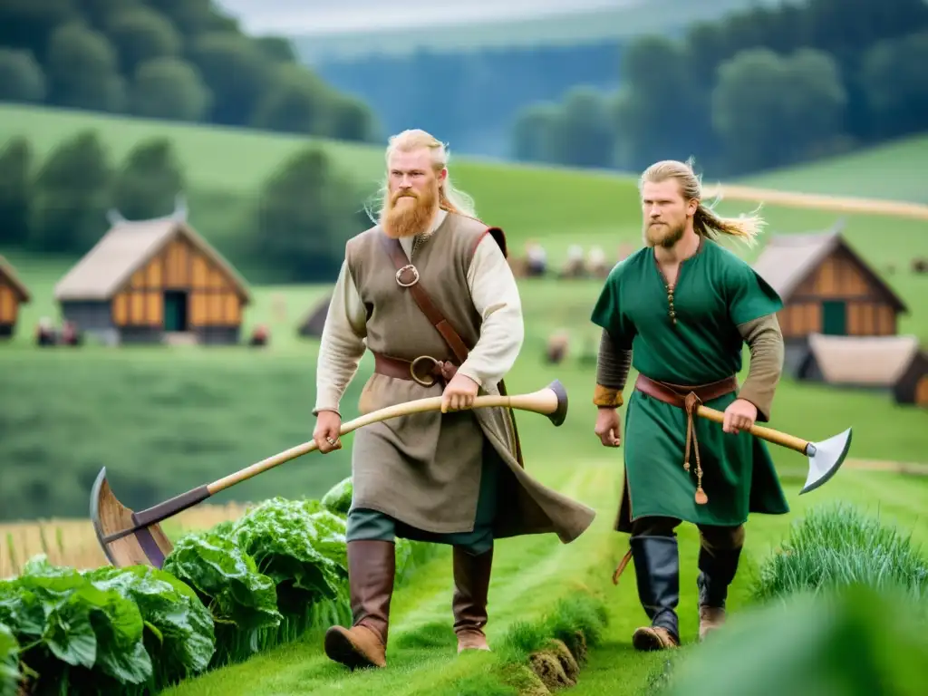 Agricultura vikinga sostenible en asentamientos lejanos: campesinos vikingos trabajando en campo verde con herramientas tradicionales