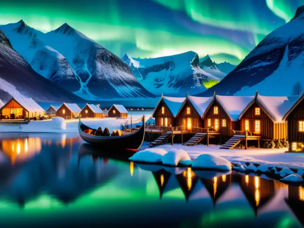 Vikingos en tierras nórdicas: vida entre montañas y auroras boreales Una aldea vikinga en un fiordo bajo la aurora boreal, refleja la sociedad vikinga de la Saga de Bjarnar Hítdœlakappa