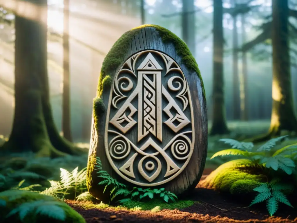 Alfabeto de runas vikingas significado: Piedra rúnica tallada en un bosque antiguo y neblinoso, con símbolos vikingos y un aura de sabiduría ancestral