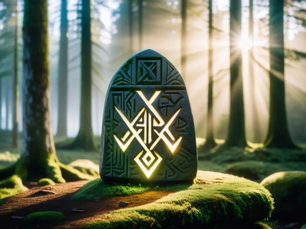 Alfabeto vikingo misterioso y significado: Runa de piedra tallada en un bosque neblinoso, iluminada por rayos de sol entre árboles antiguos