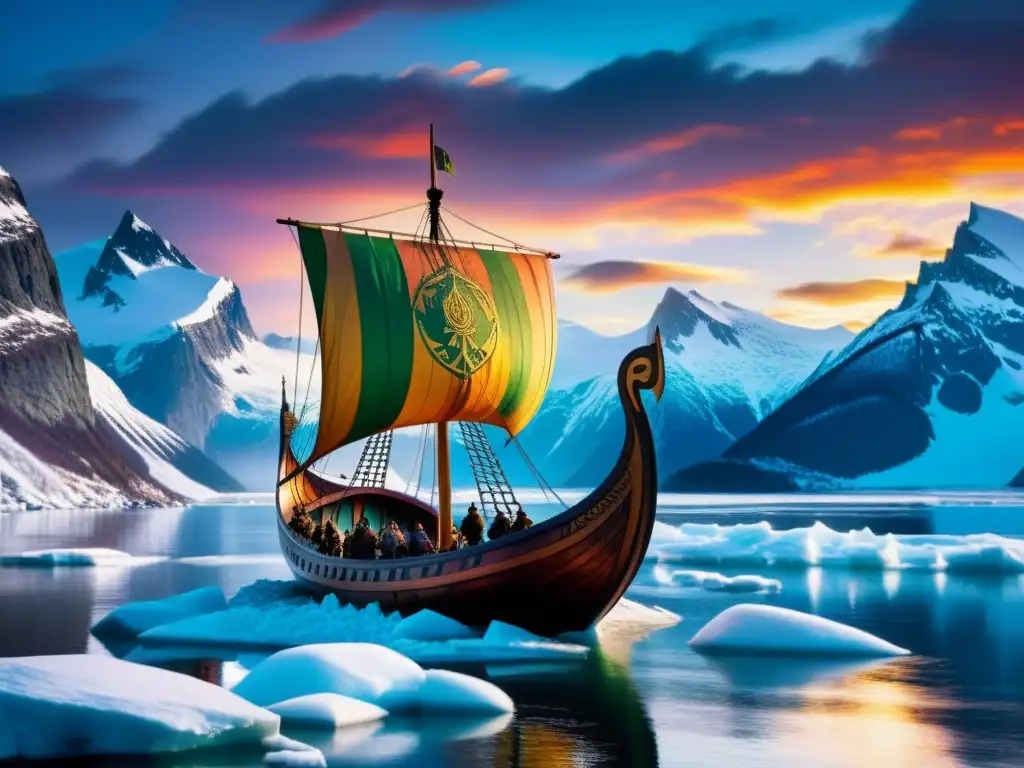 Alianzas comerciales vikingas con Sami: Vikingos navegan en paisaje ártico bajo auroras boreales