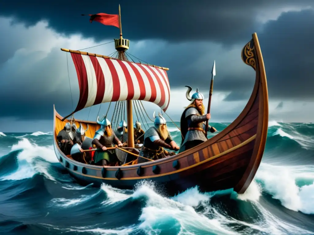 Alianzas y conflictos vikingos extranjeros: Vikingos navegando en una batalla naval intensa bajo un cielo tormentoso