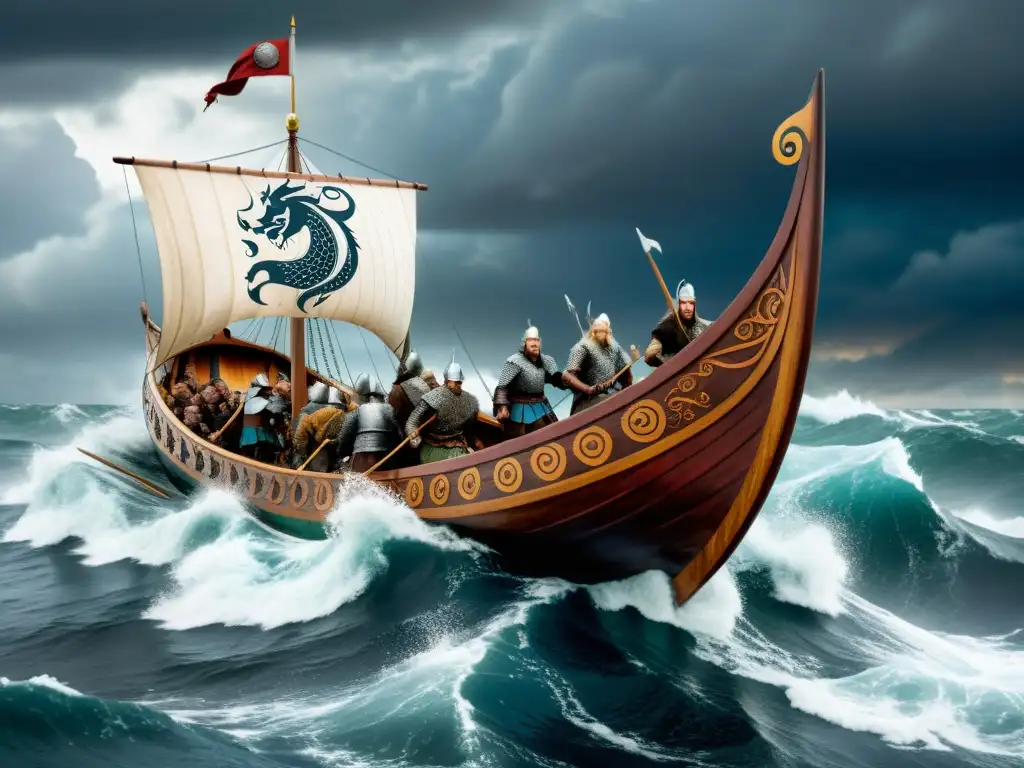 Alianzas inesperadas en el mundo vikingo: un navío vikingo con distintos clanes navega en mares turbulentos bajo un cielo dramático