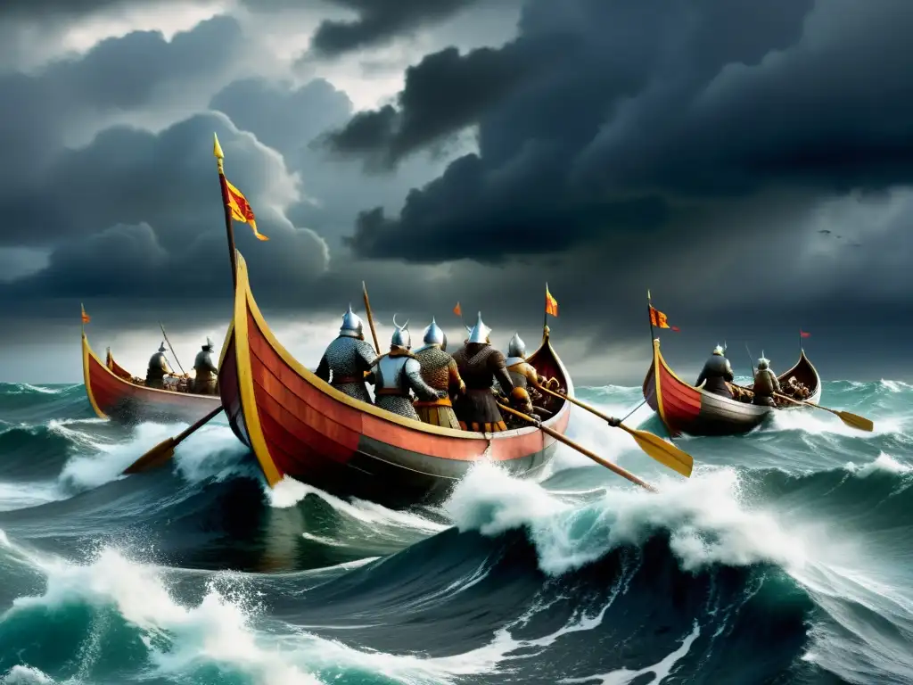 Alianzas marítimas era vikinga: Vikingos surcando mares turbulentos en sus drakkars, bajo un cielo tormentoso