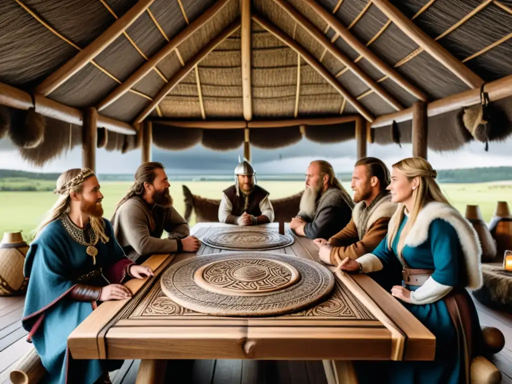 Alianzas matrimoniales vikingas poder: Debate entre vikingos en una casa tradicional, con mapas y pergaminos en una mesa de madera