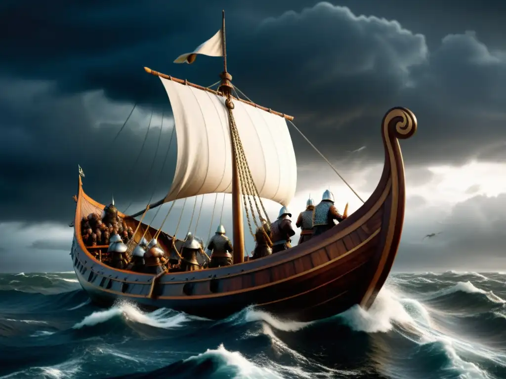 Alianzas Vikingas Correspondencia Histórica: Vikingo navegando en barco durante tormenta con guerreros y cielo oscuro