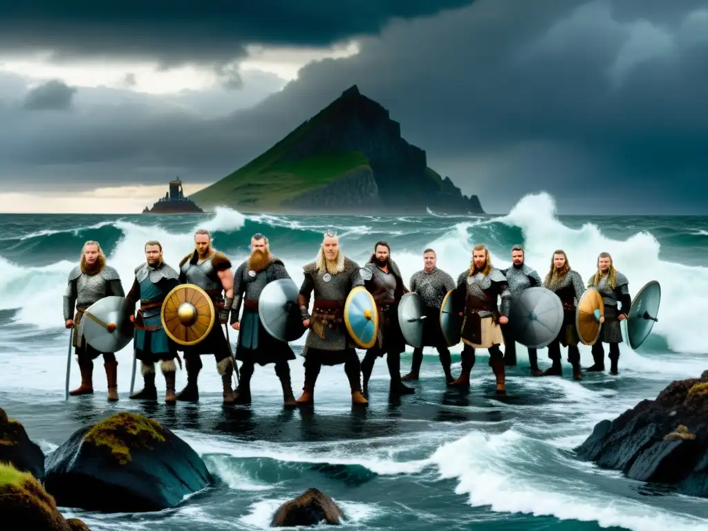 Alianzas vikingas en Europa: Vikingos guerreros en la costa con sus barcos y armas, bajo un cielo dramático y nubes amenazantes