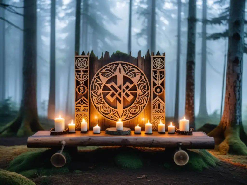 Un altar de madera tallado con símbolos vikingos, en un bosque escandinavo