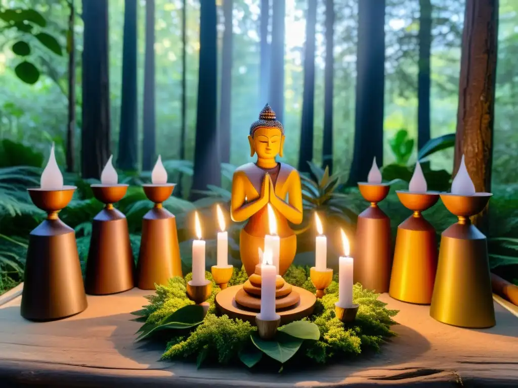 Un altar neopagano en el bosque: niños participan en ritual con figuras, velas y cristales, mostrando crianza en tradición neopagana