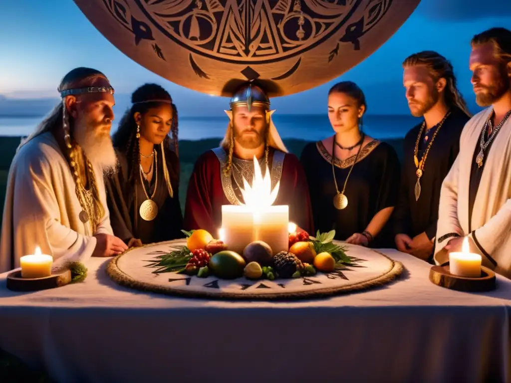 Ritual pagano vikingo: misticismo y devoción moderna Un altar pagano intrincadamente diseñado iluminado por la suave luz de las velas, con practicantes neopaganos vikingos en un círculo alrededor