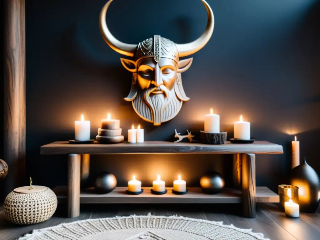 Un altar vikingo destaca en un salón moderno con elegante mobiliario escandinavo