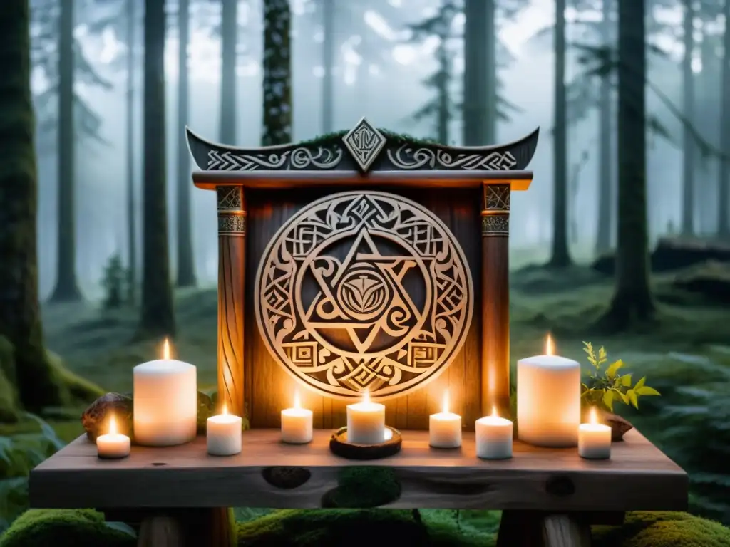 Altares vikingos en decoración moderna: Un altar vikingo adornado con símbolos nórdicos en un bosque escandinavo, iluminado por velas y neblina