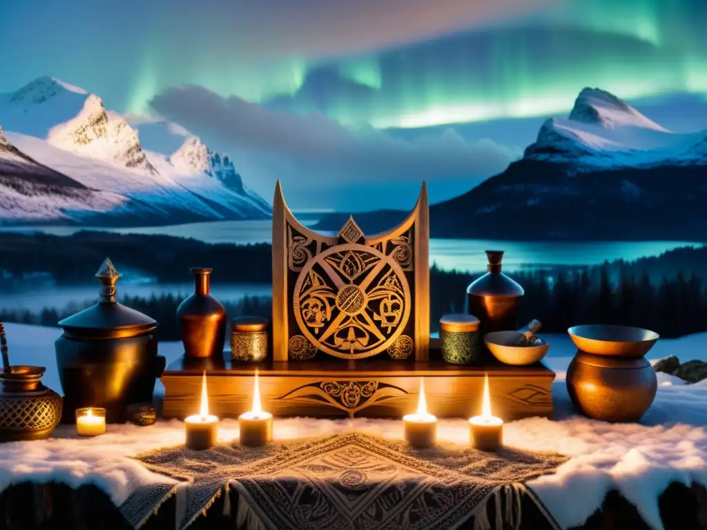 Altares vikingos en decoración moderna: un altar vikingo detallado con dioses nórdicos, ofrendas y paisaje místico