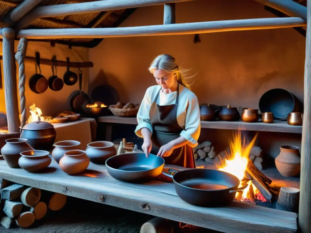 Un ambiente vikingo auténtico donde mujeres preparan repostería nórdica con ingredientes antiguos