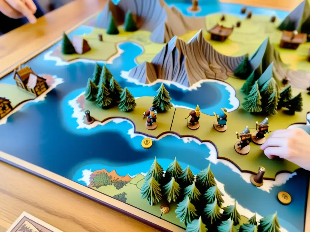 Amigos concentrados en emocionante juego de mesa vikingo, rodeados de paisaje nórdico detallado