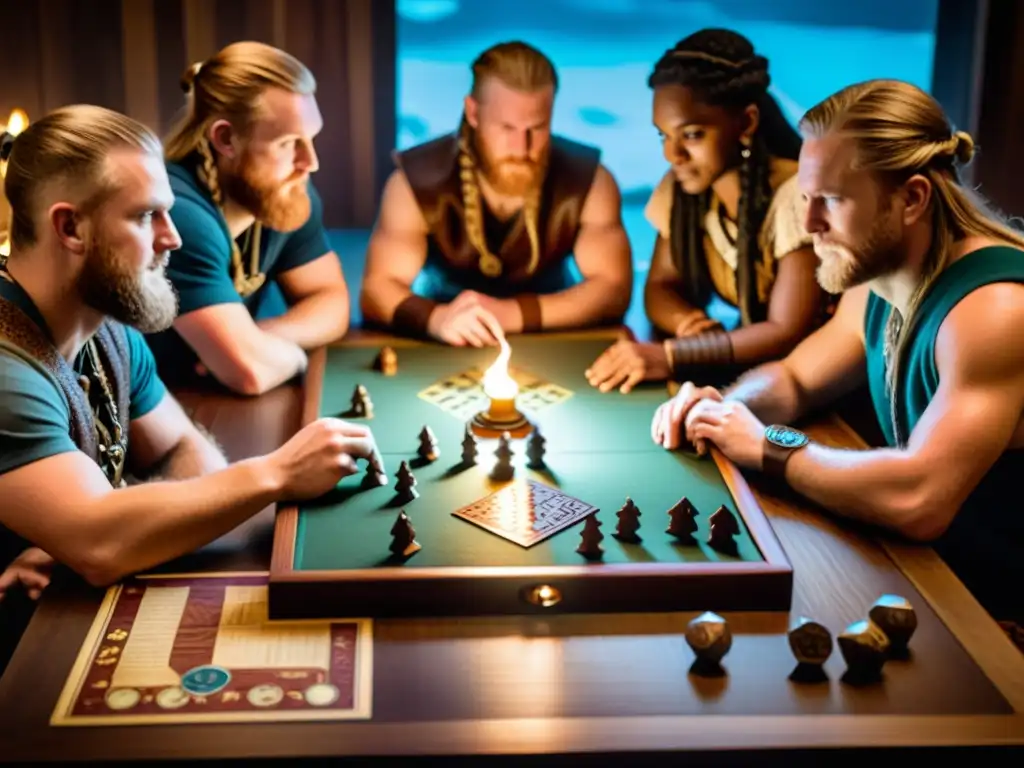Amigos disfrutan de uno de los mejores juegos de mesa vikingos, inmersos en estrategias y camaradería bajo la luz de las velas