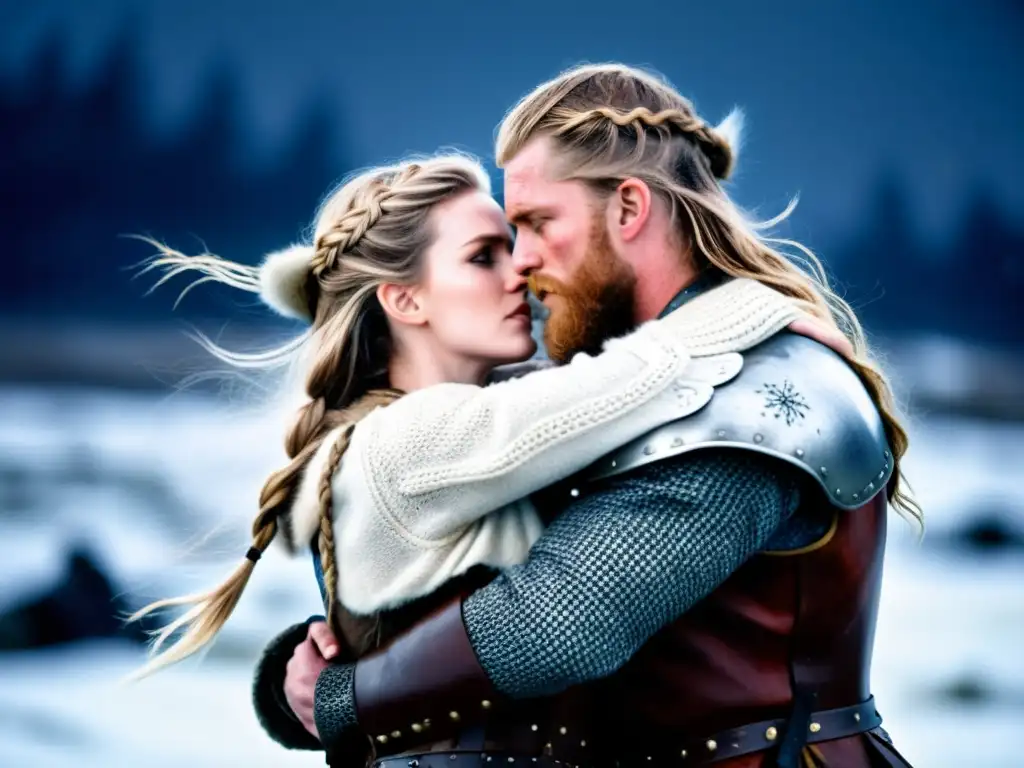 Amor y guerra en la Era Vikinga: Un abrazo apasionado entre un guerrero y una guerrera en medio de la batalla, con nieve y caos