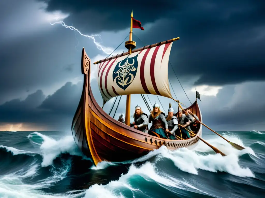 Amor y Guerra en la Era Vikinga: Vikingos en un barco bajo tormenta, listos para la batalla