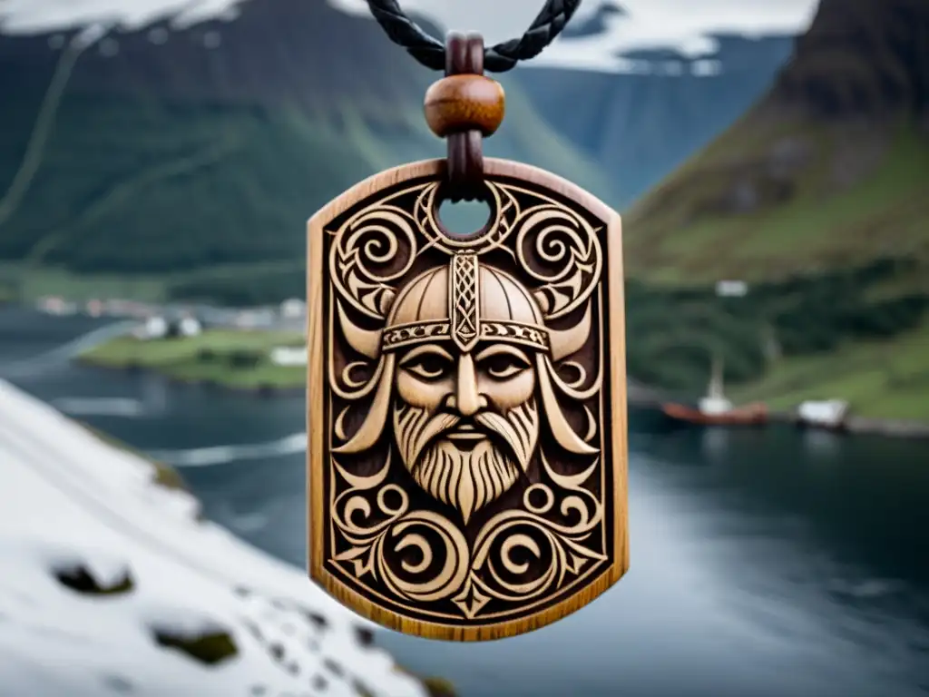 Amuleto vikingo de Odin con cuervo, símbolos nórdicos y paisaje épico