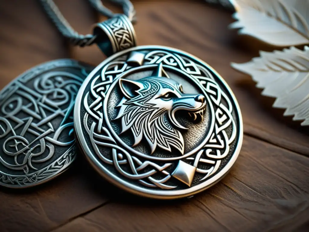 Amuleto vikingo de plata con Odin y lobos, detallado y radiante bajo una suave luz