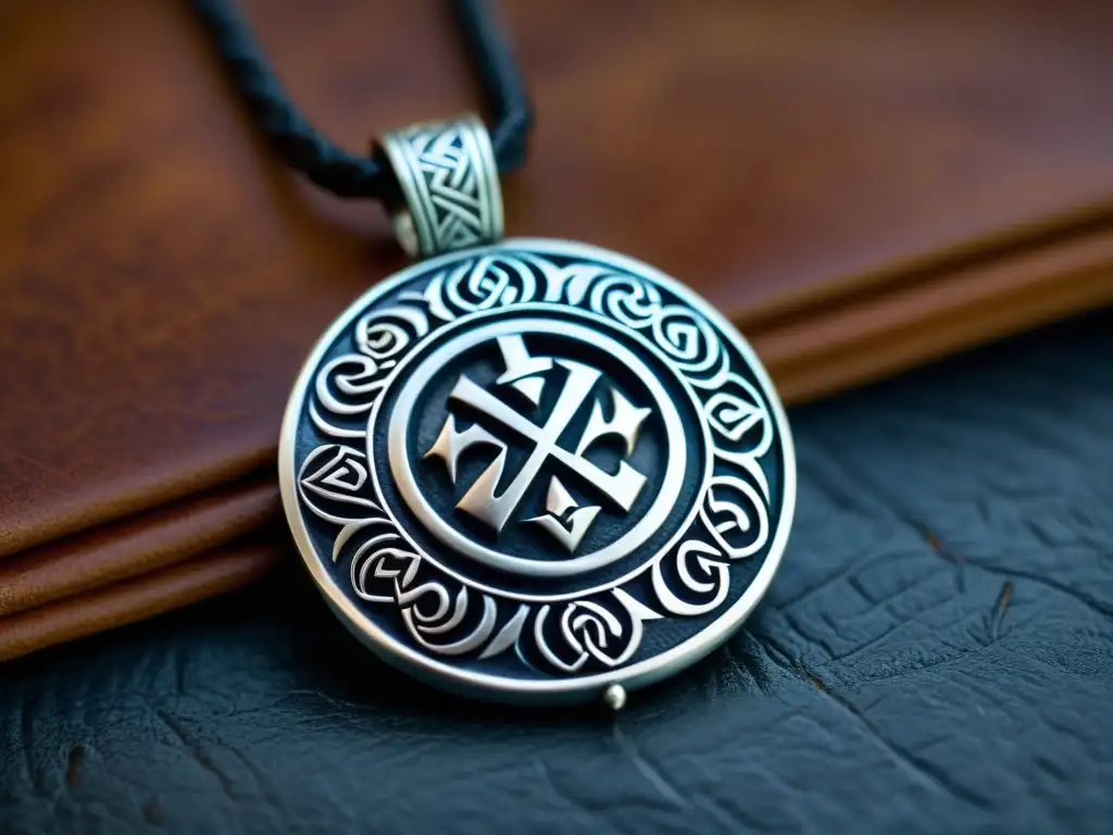 Amuletos de protección en la era vikinga: Colgante vikingo de Vegvisir en plata con runas, rodeado de artefactos antiguos