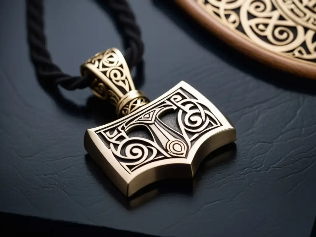 Amuletos vikingos creencias y rituales: Colgante de Mjölnir de plata con intrincados diseños nórdicos, runas y barco vikingo en miniatura